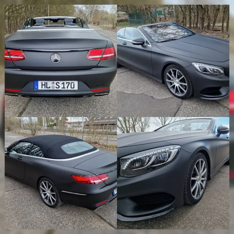 Mercedes S-Klasse Cabrio mit mattschwarzer Vollfolierung, vier Ansichten